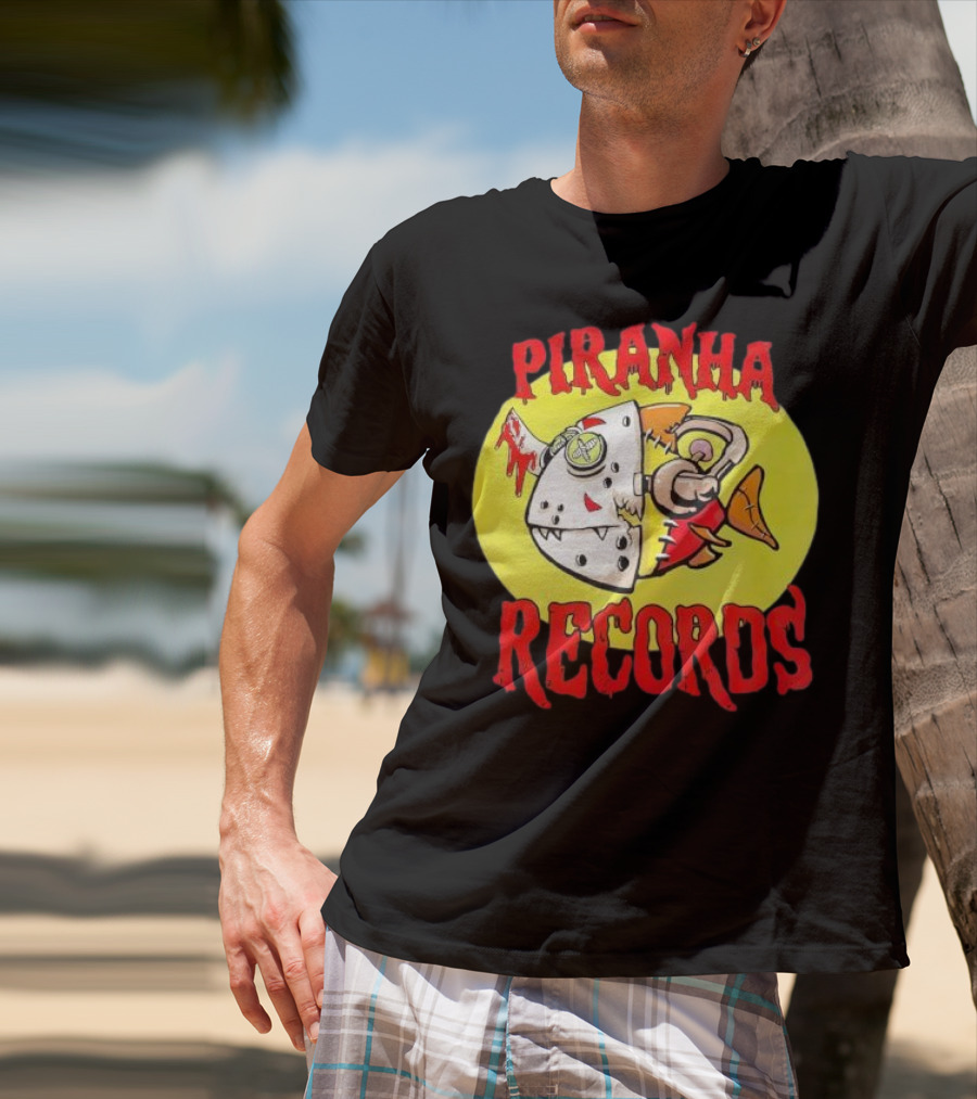 Piranha Records Cartoon Fish Bite Graphic T-Shirt