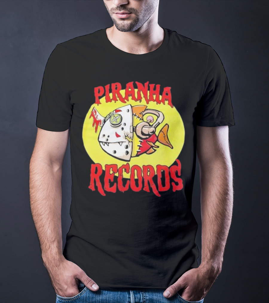 Piranha Records Cartoon Fish Bite Graphic T-Shirt