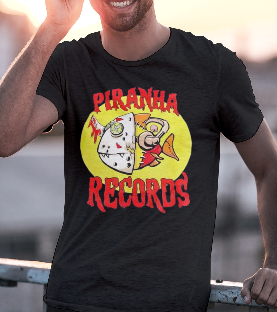 Piranha Records Cartoon Fish Bite Graphic T-Shirt