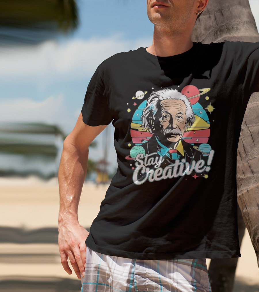 Albert Einstein Stay Creative Vintage Planets Space Theme T-Shirt