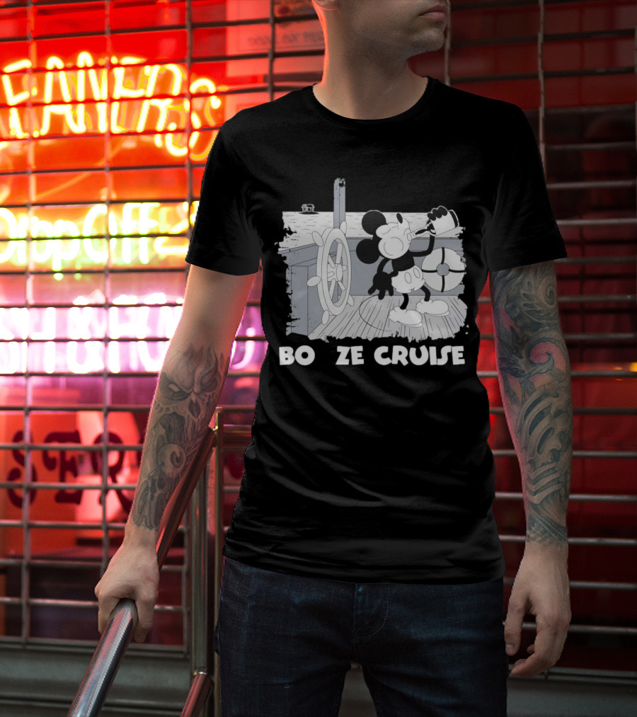 Booze Cruise Cartoon Character With On Vintage Sailing Scene T-Shirt