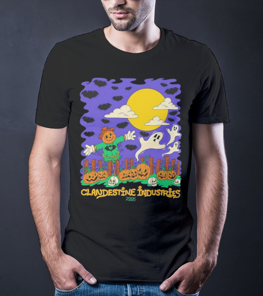 Clandestine Industries 2005 Halloween Scarecrow Ghosts Pumpkins Bats T-Shirt