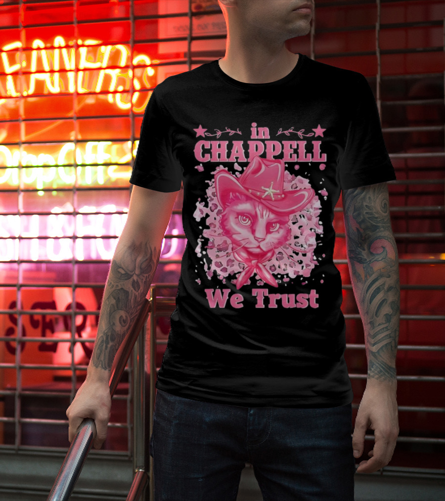 Cute Retro Cat In Chappell We Trust Cowboy Hat Pink Stars T-Shirt
