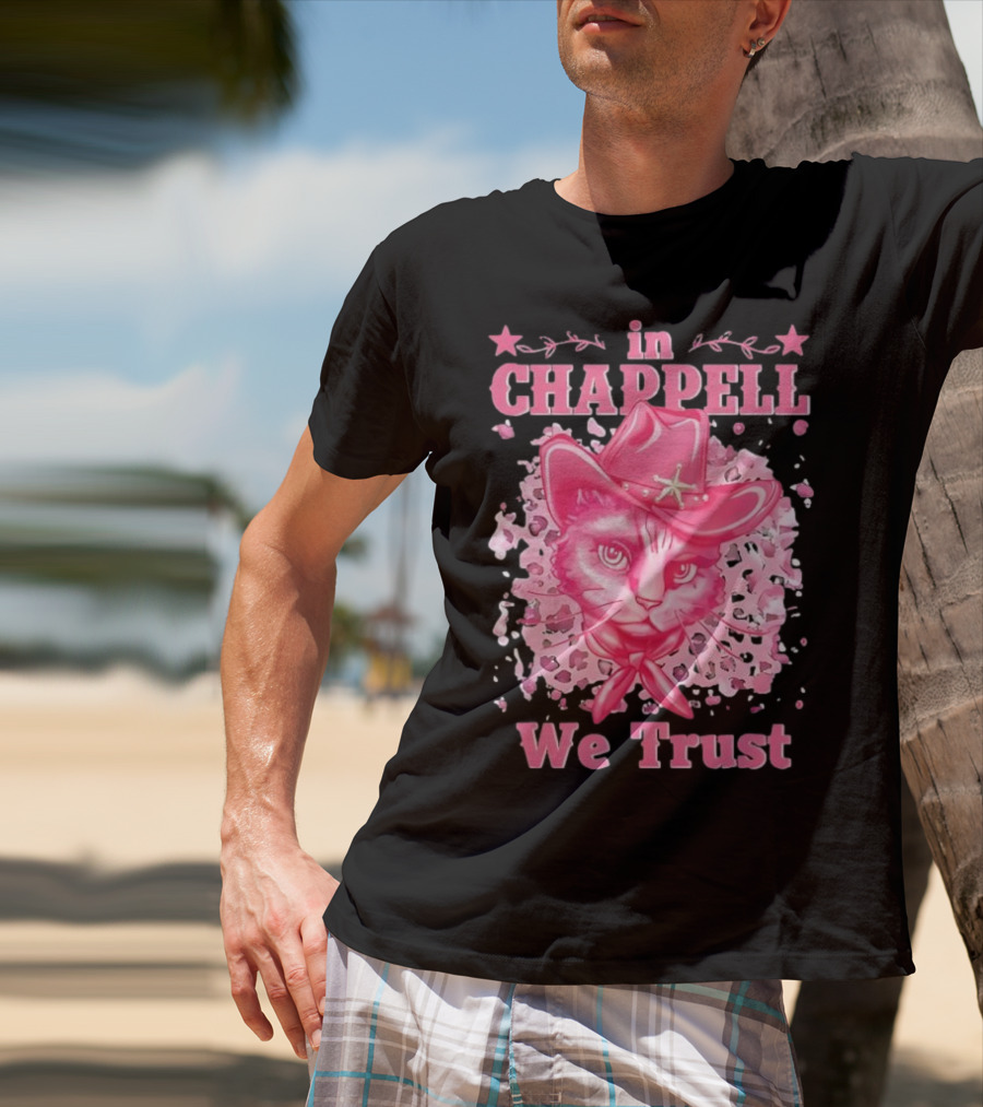 Cute Retro Cat In Chappell We Trust Cowboy Hat Pink Stars T-Shirt