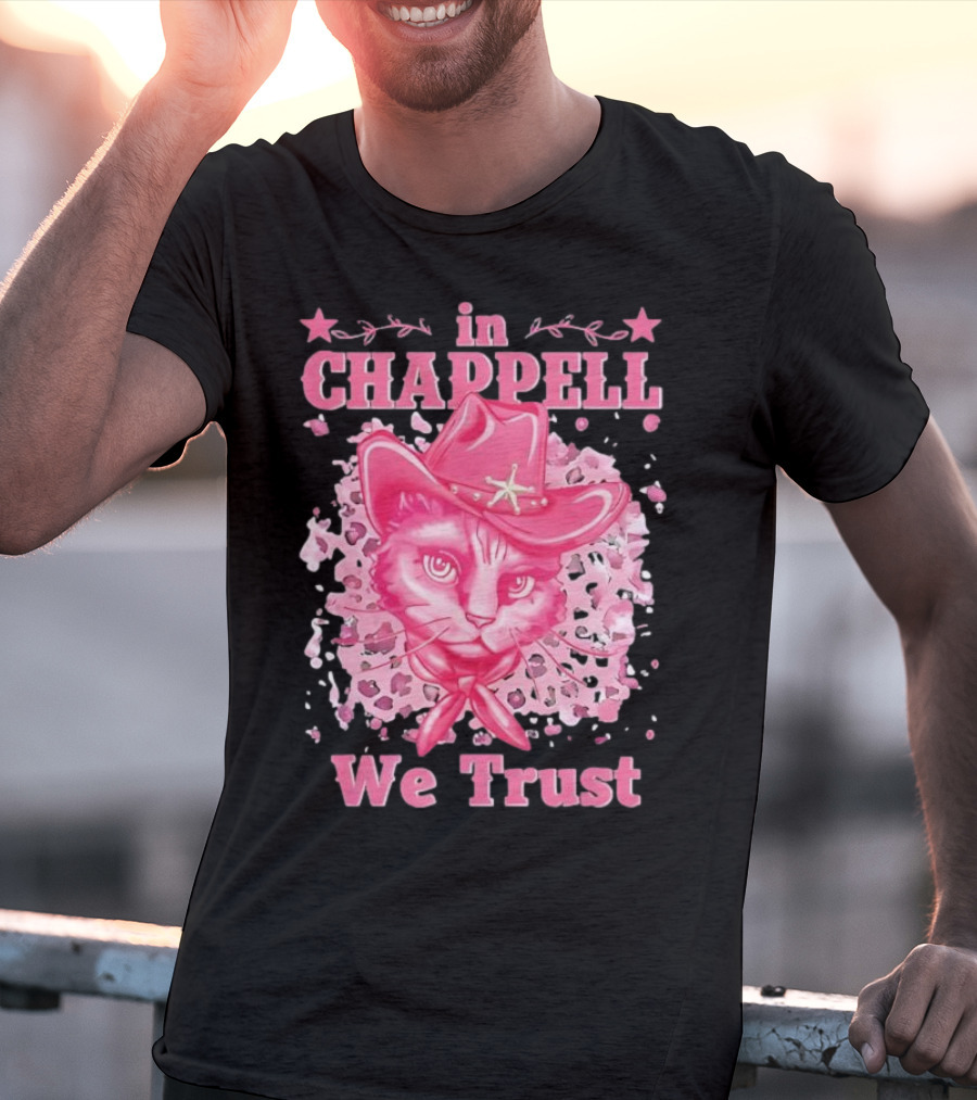 Cute Retro Cat In Chappell We Trust Cowboy Hat Pink Stars T-Shirt