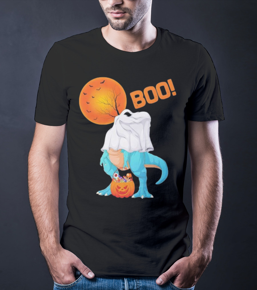 Ghost Dinosaur Rex Boo Halloween Pumpkin Boys Men T-Shirt
