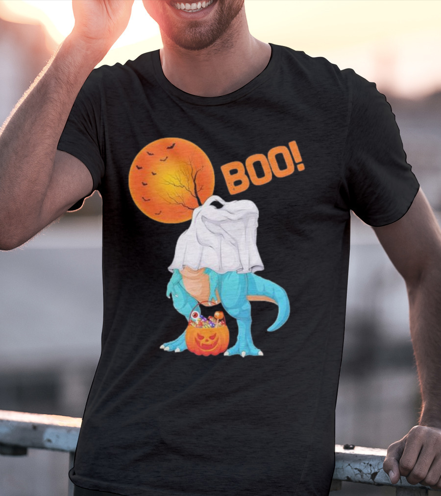 Ghost Dinosaur Rex Boo Halloween Pumpkin Boys Men T-Shirt