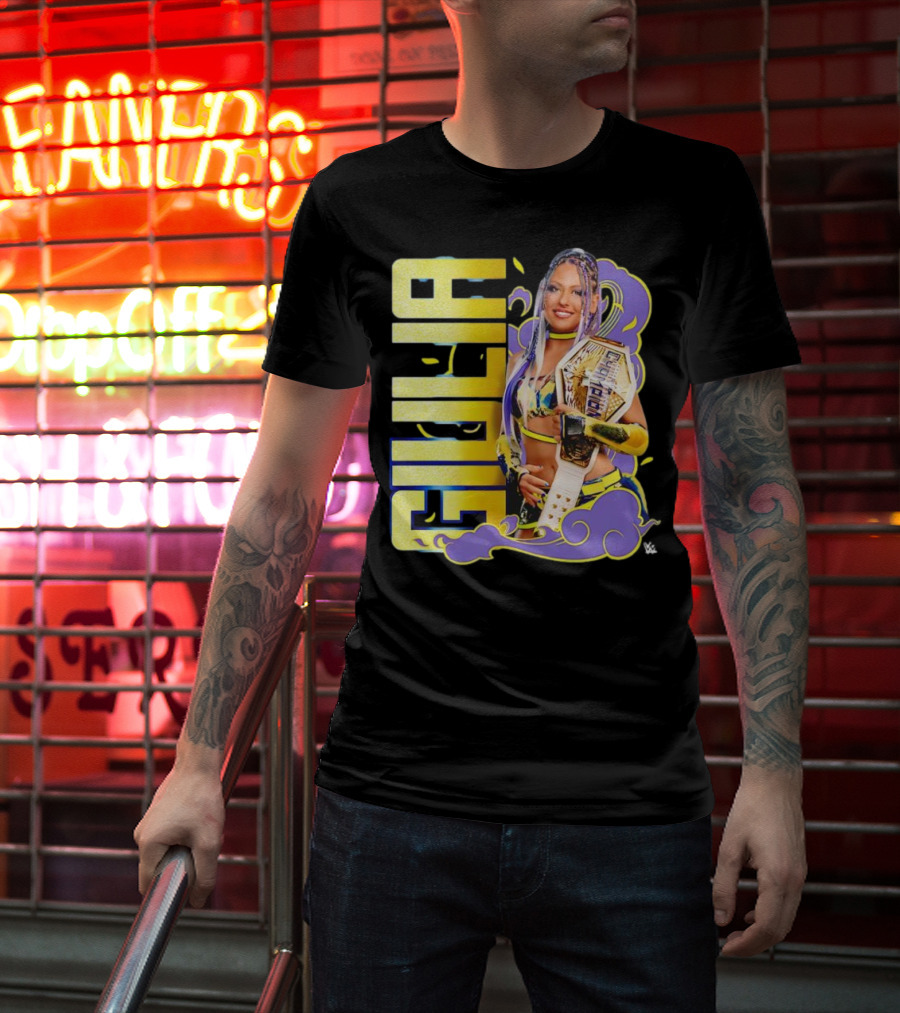 Giulia Smoke Champion Wrestling Character With Belt And Yellow Purple Accents T-Shirt