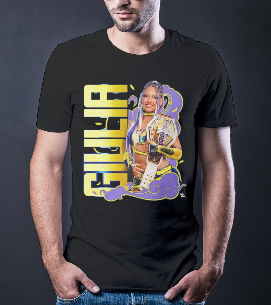Giulia Smoke Champion Wrestling Character With Belt And Yellow Purple Accents T-Shirt