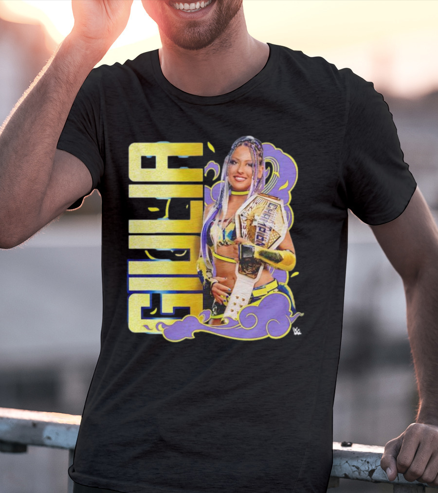 Giulia Smoke Champion Wrestling Character With Belt And Yellow Purple Accents T-Shirt