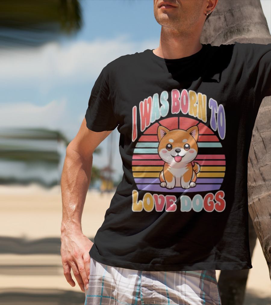 I Was Born To Love Dogs Cute Cartoon Shiba Inu Rainbow Colors T-Shirt