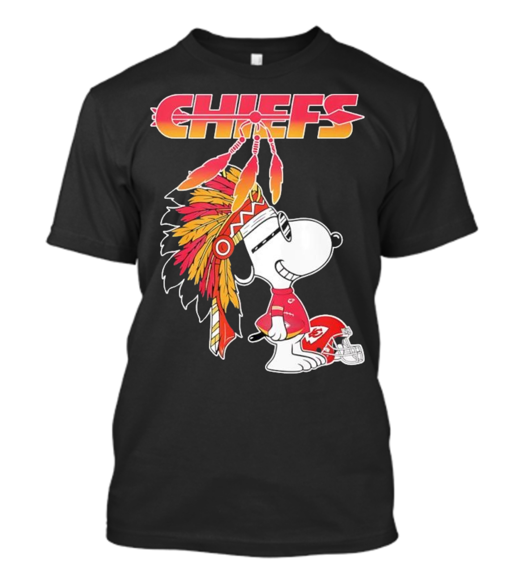 Kansas City Chiefs Snoopy Native American Helmet Charlie Brown NFL Peanuts Crossover T-Shirt
