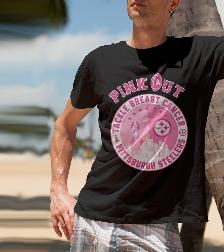 Pink Out Tackle Breast Cancer Pittsburgh Steelers Ribbon Awareness T-Shirt