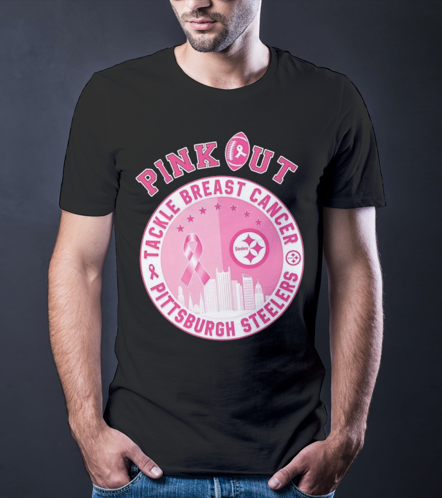 Pink Out Tackle Breast Cancer Pittsburgh Steelers Ribbon Awareness T-Shirt