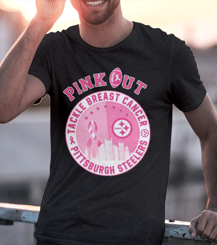 Pink Out Tackle Breast Cancer Pittsburgh Steelers Ribbon Awareness T-Shirt