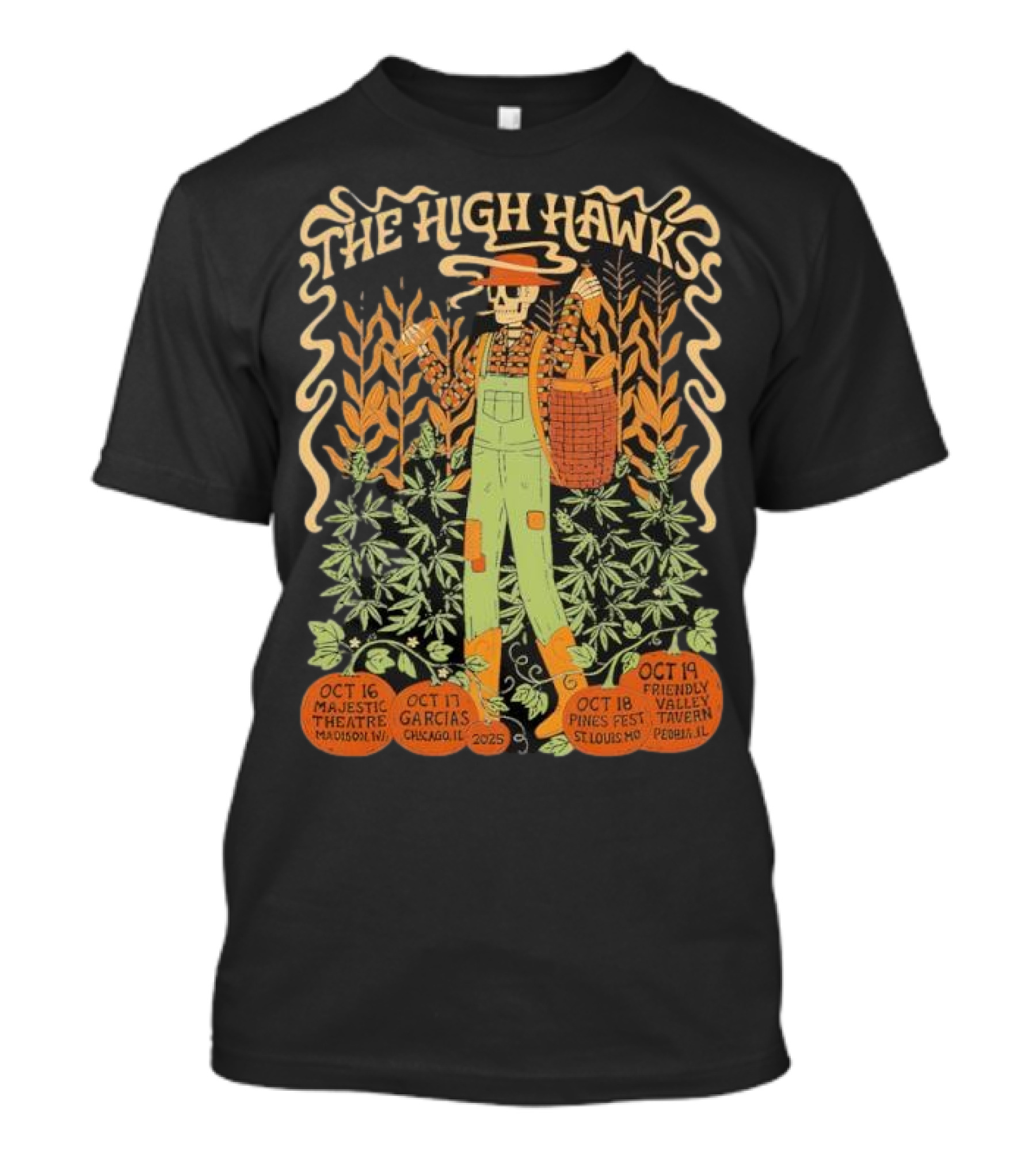 The High Hawks Halloween 2025 Tour Majestic Theatre Garcia's Pines Fest Friendly Valley Tavern T-Shirt