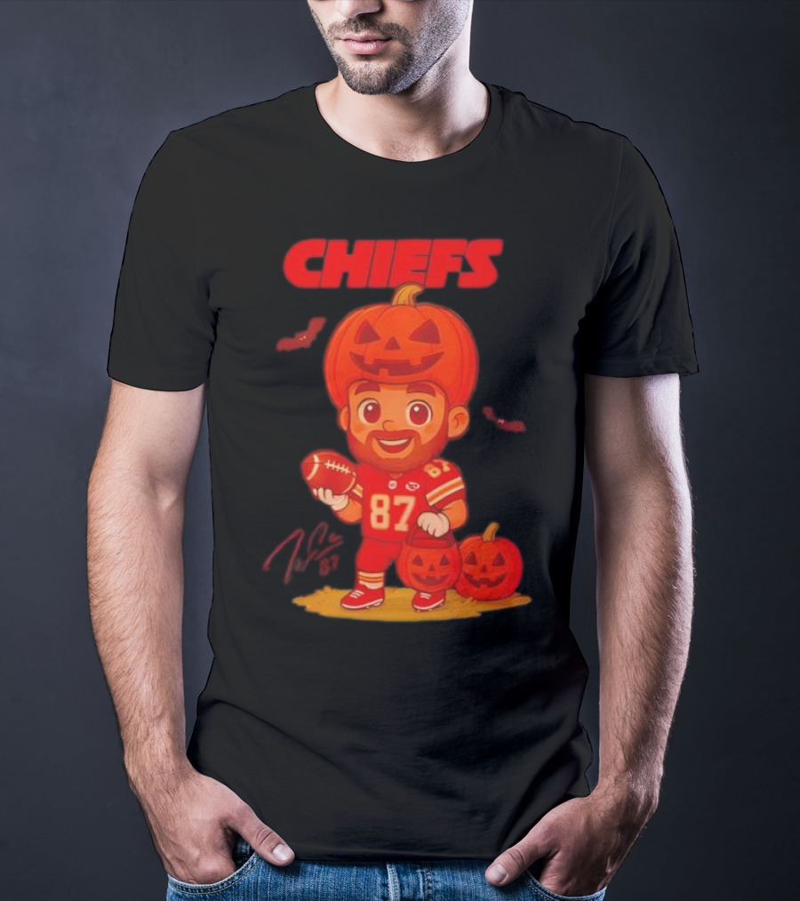 Travis Kelce Kansas City Chiefs Halloween 2025 Pumpkin Football Player Costume 87 T-Shirt