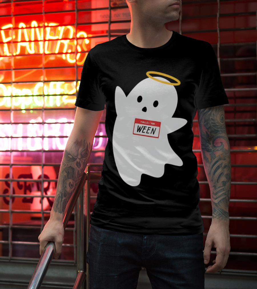 Hallo I Am Ween Ghost With Halo And Happy Halloween Name Tag T-Shirt