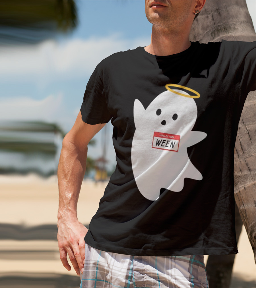 Hallo I Am Ween Ghost With Halo And Happy Halloween Name Tag T-Shirt