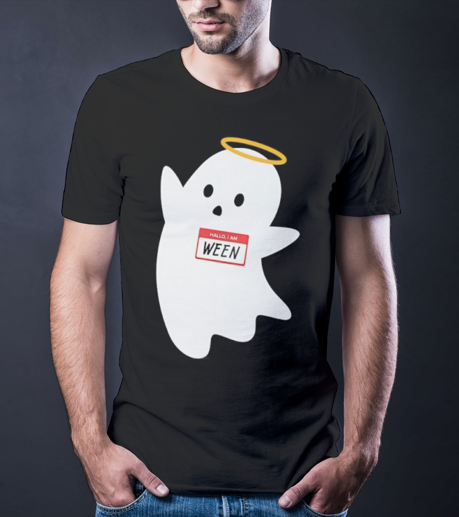 Hallo I Am Ween Ghost With Halo And Happy Halloween Name Tag T-Shirt