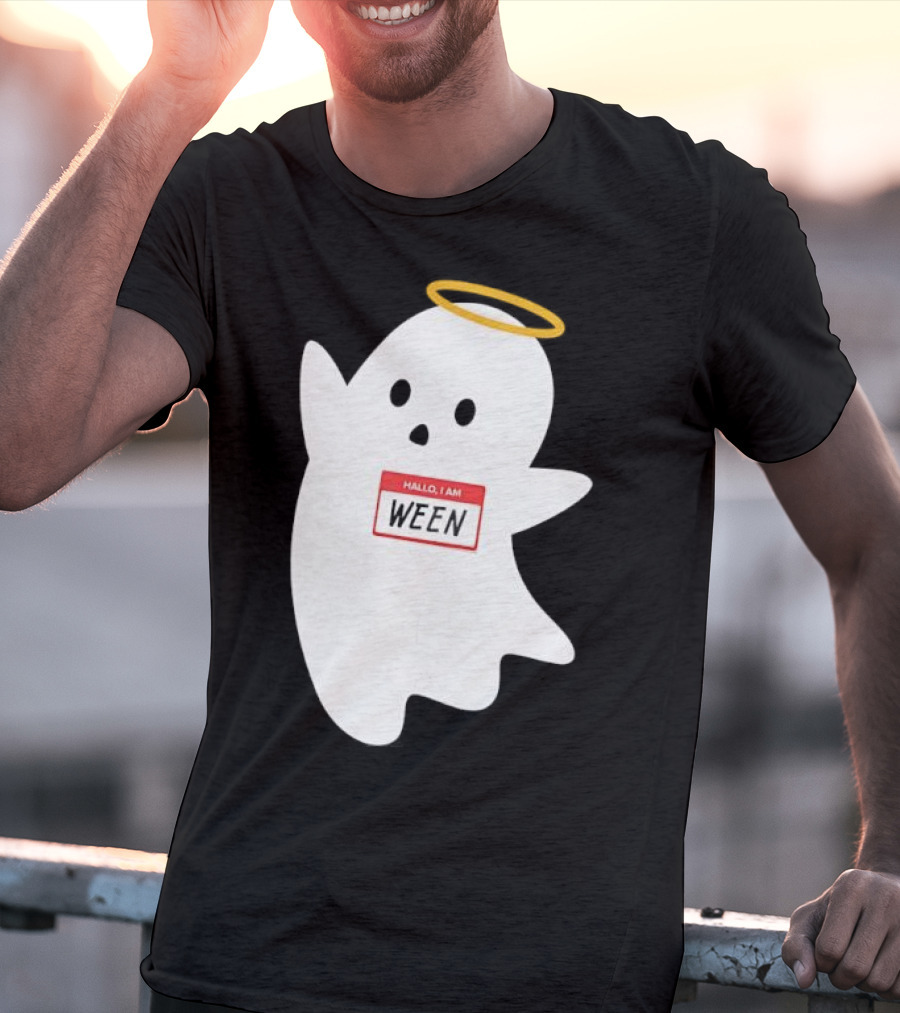 Hallo I Am Ween Ghost With Halo And Happy Halloween Name Tag T-Shirt