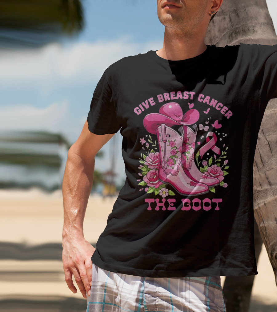 Vintage Pink Cowboy Boots Floral Breast Cancer Awareness T-Shirt