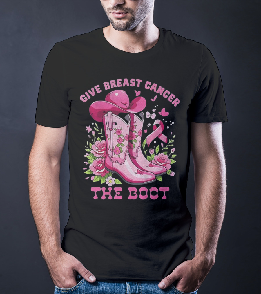 Vintage Pink Cowboy Boots Floral Breast Cancer Awareness T-Shirt