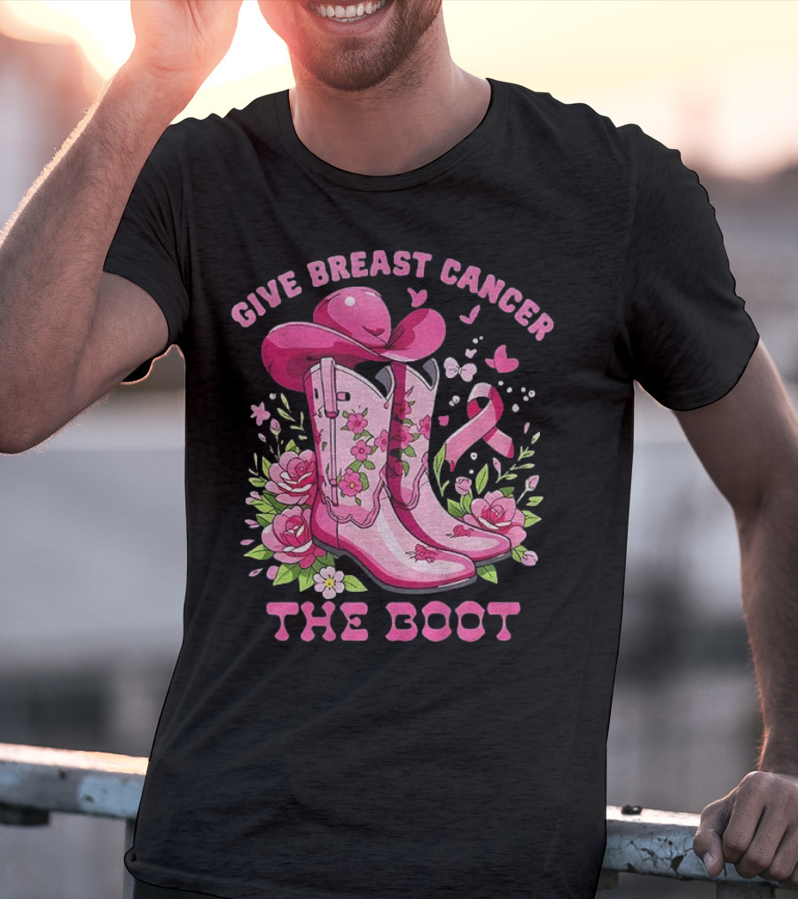 Vintage Pink Cowboy Boots Floral Breast Cancer Awareness T-Shirt