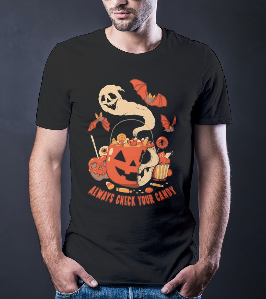 Halloween Always Check Your Candy Spooky Jack-O'-Lantern Ghost Bats And Sweets T-Shirt