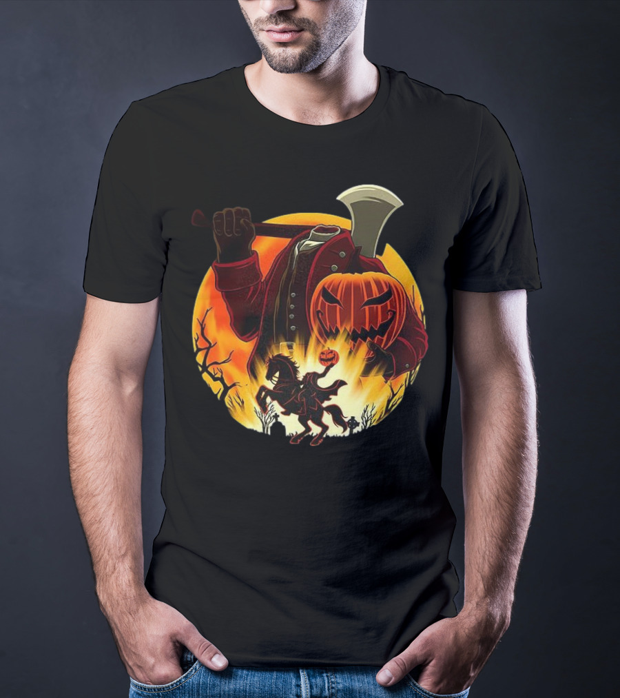 Headless Horseman Galloping Hessian Pumpkin Halloween Axe Rider T-Shirt