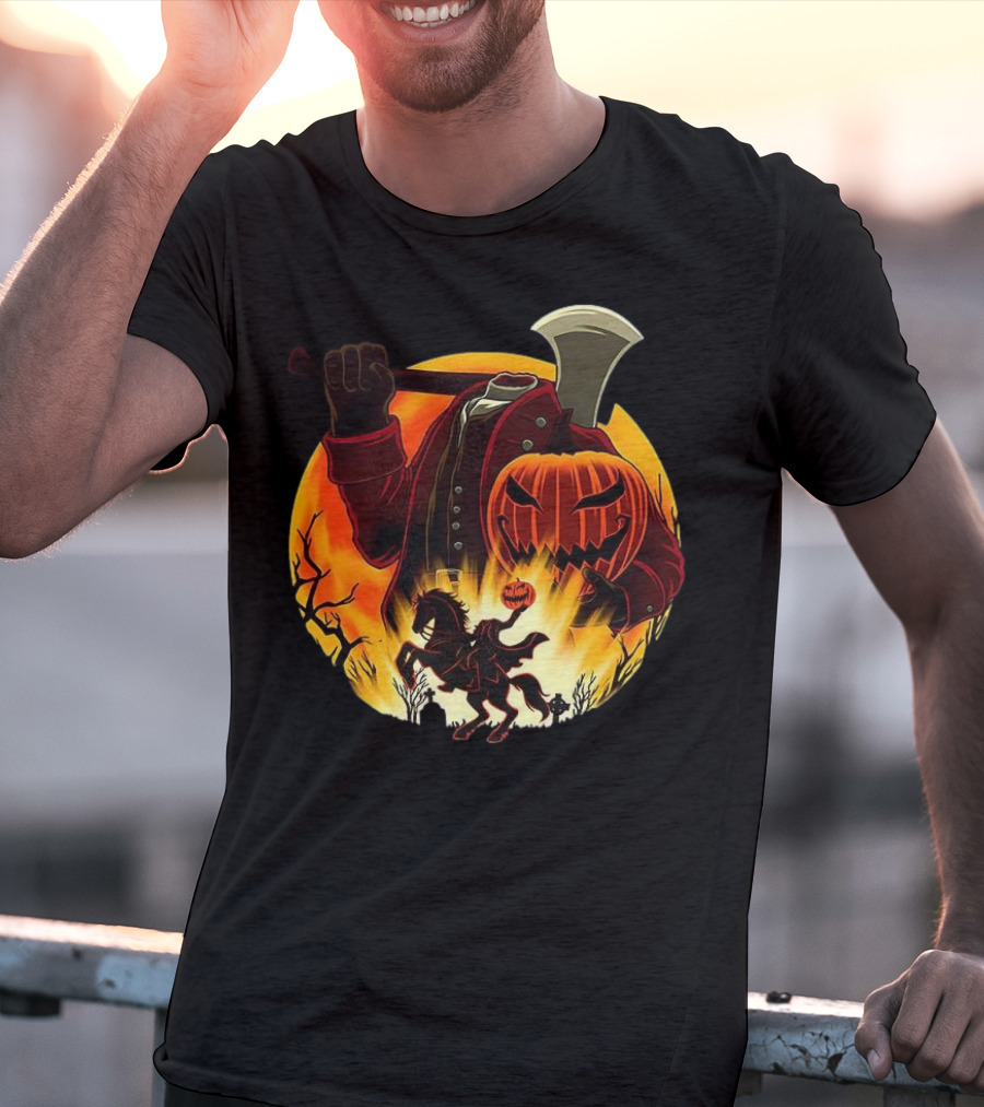 Headless Horseman Galloping Hessian Pumpkin Halloween Axe Rider T-Shirt
