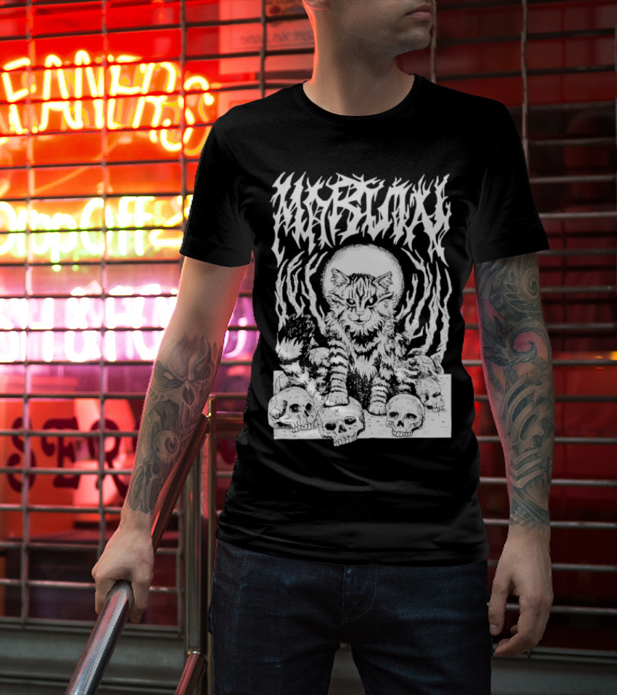 Metal Marvin Skull Cat By Beefaroni Flame Design T-Shirt