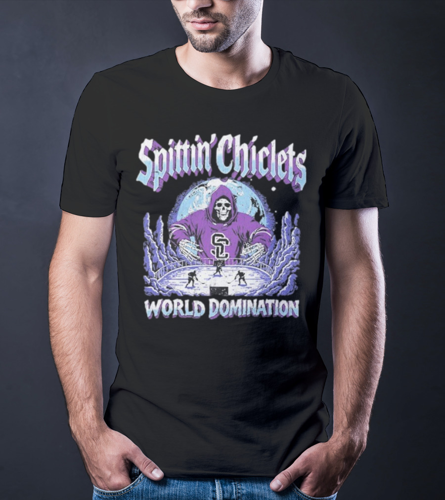 Spittin Chiclets Grim Reaper Hockey World Domination Moon T-Shirt