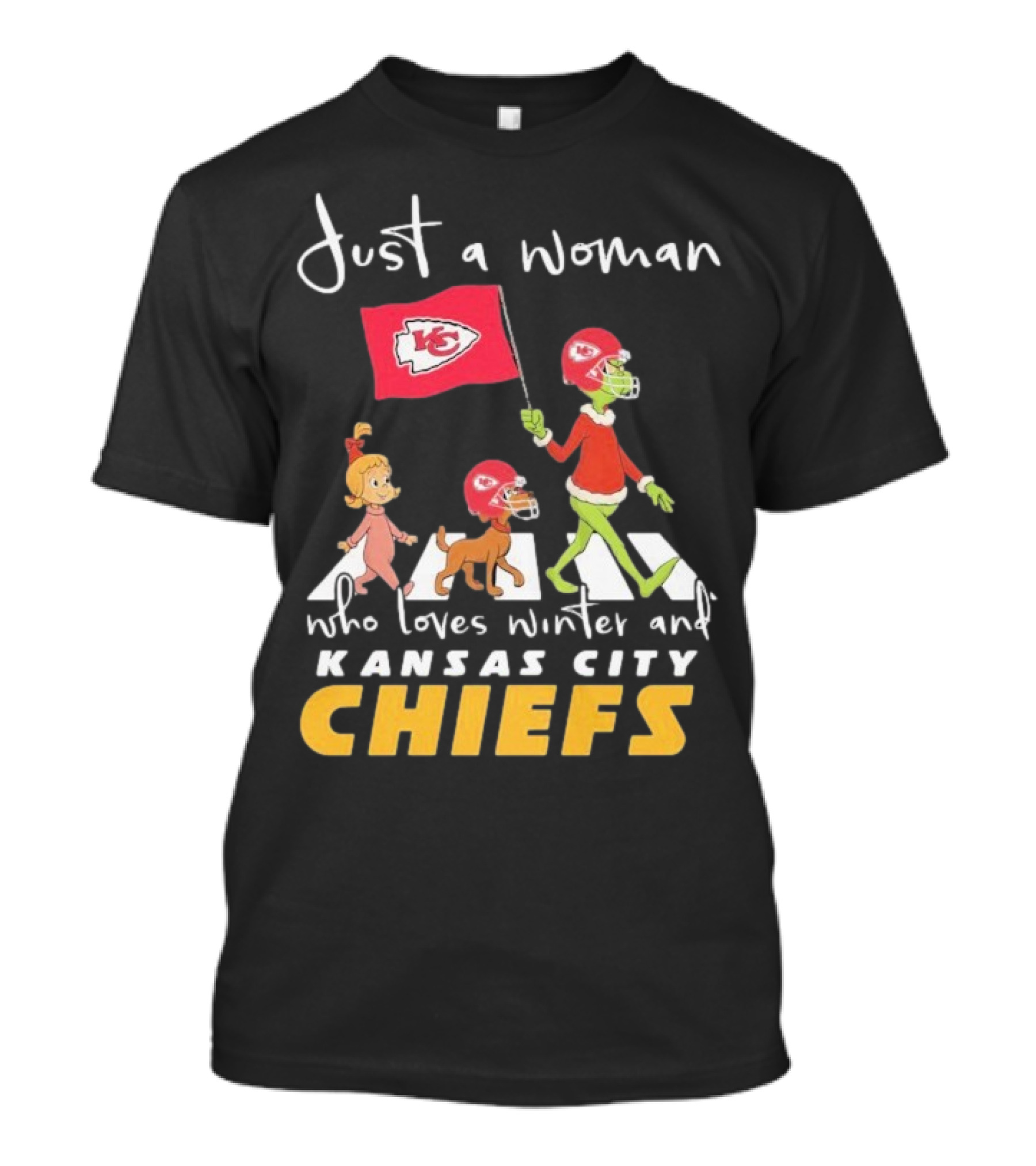 Just A Woman Who Loves Winter And Kansas City Chiefs Abbey Road T-Shirt