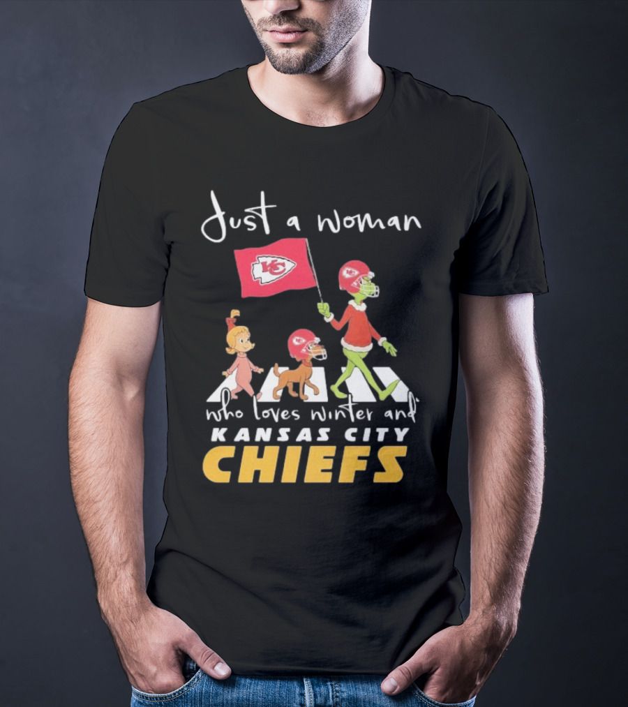 Just A Woman Who Loves Winter And Kansas City Chiefs Abbey Road T-Shirt