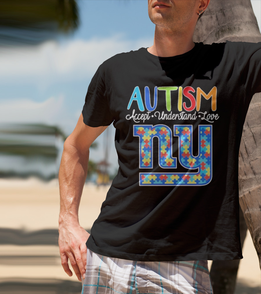 Autism Accept Understand Love NY Giants Puzzle Piece Pattern T-Shirt