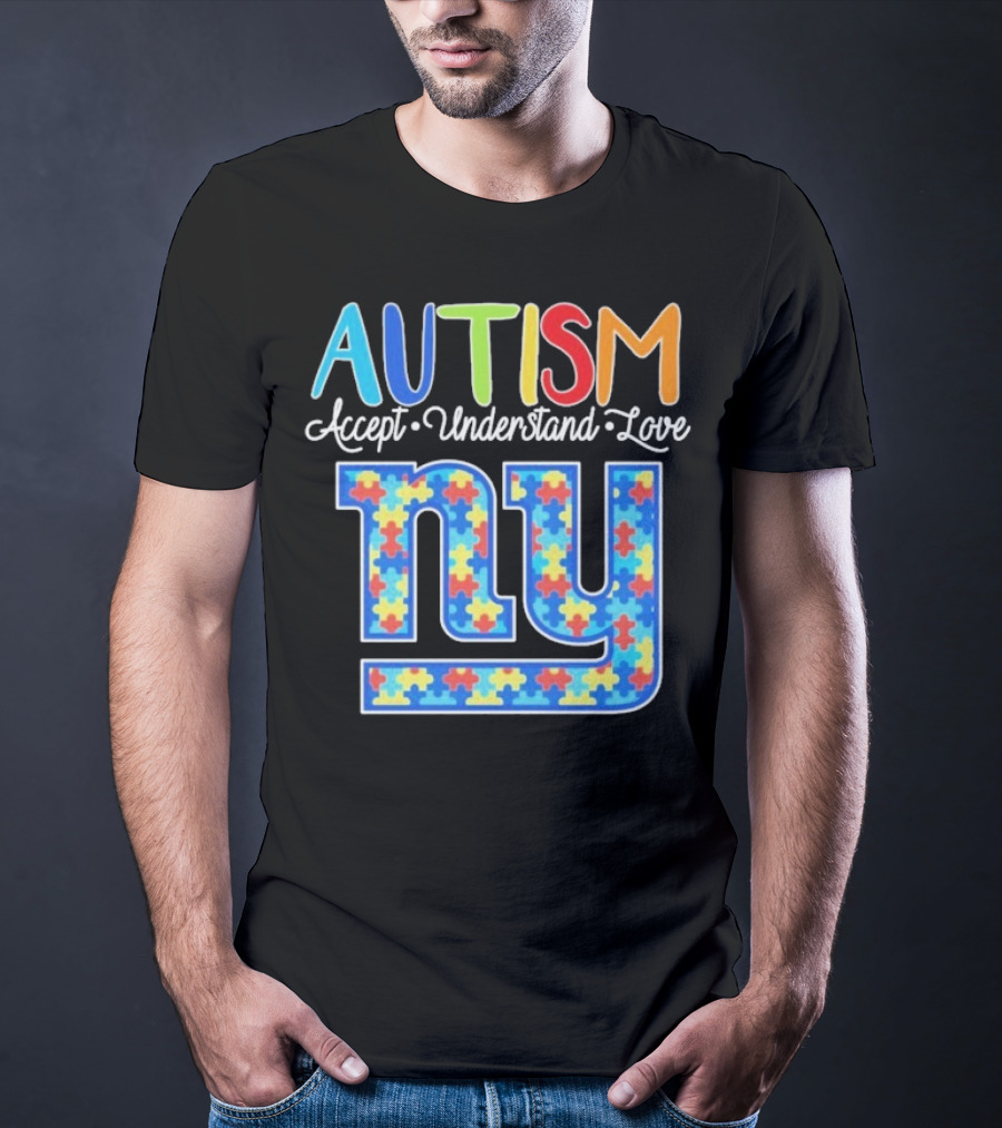 Autism Accept Understand Love NY Giants Puzzle Piece Pattern T-Shirt