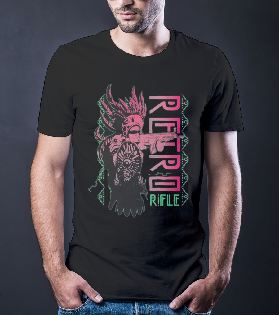 Retro Rifle Aztec Warrior Art Green Pink Feather Pattern T-Shirt