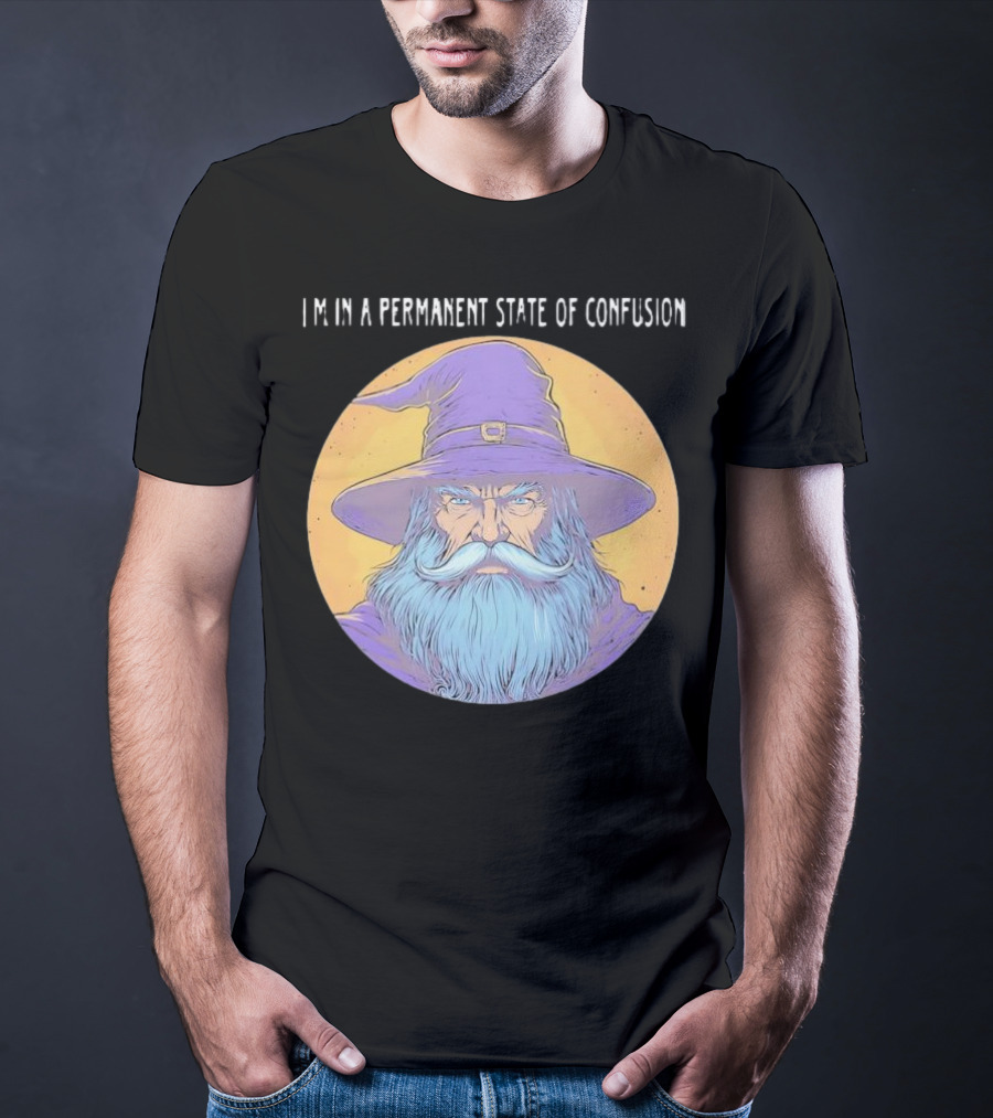 Wizard Magic I'm In A Permanent State Of Confusion Purple Hat Mystic Illustration T-Shirt