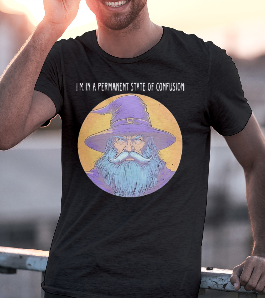 Wizard Magic I'm In A Permanent State Of Confusion Purple Hat Mystic Illustration T-Shirt