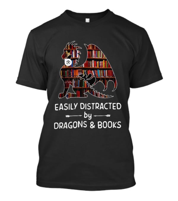 Easily Distracted By Dragons & Books Library Collage T-Shirt
