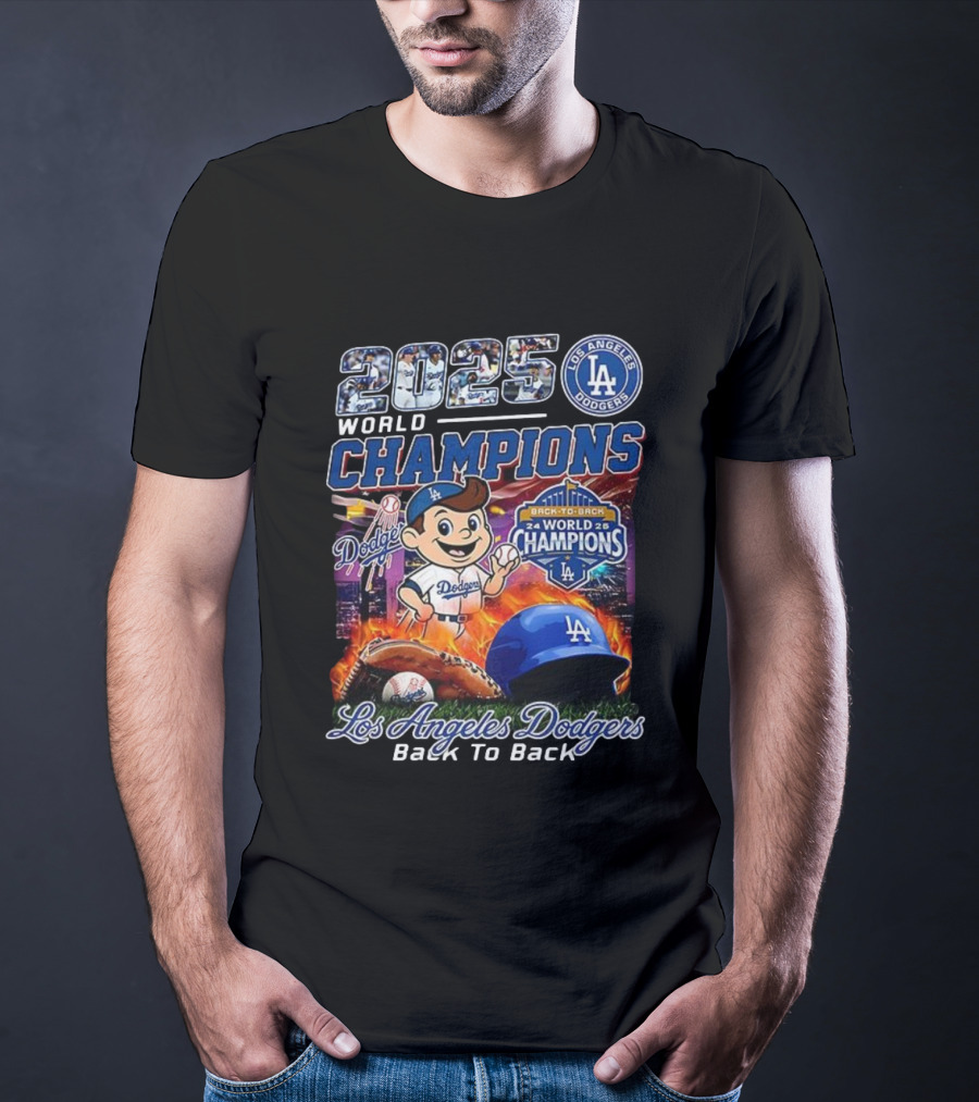 Los Angeles Dodgers 2025 Back To Back World Champions Dodgers Logo Baseball Gloves Helmet T-Shirt