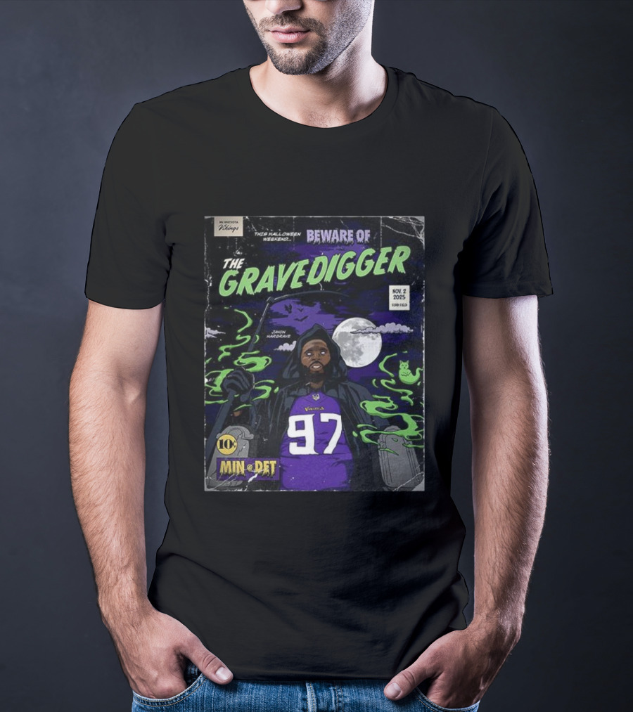 Minnesota Vikings Vs Detroit Lions 2025 Beware Of The Gravedigger Javon Hargrave Comic T-Shirt