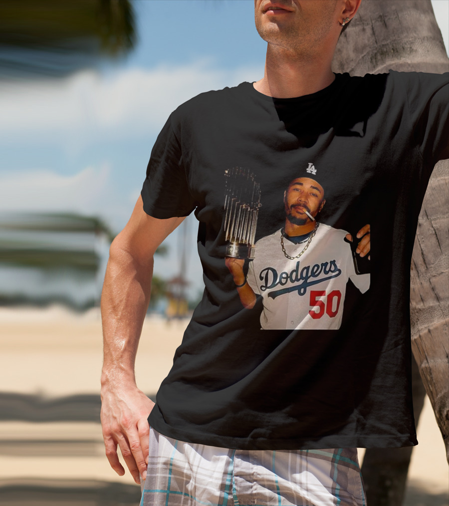 Mookie Betts Dodgers 2025 World Series Champions Celebration Smoking Topps T-Shirt