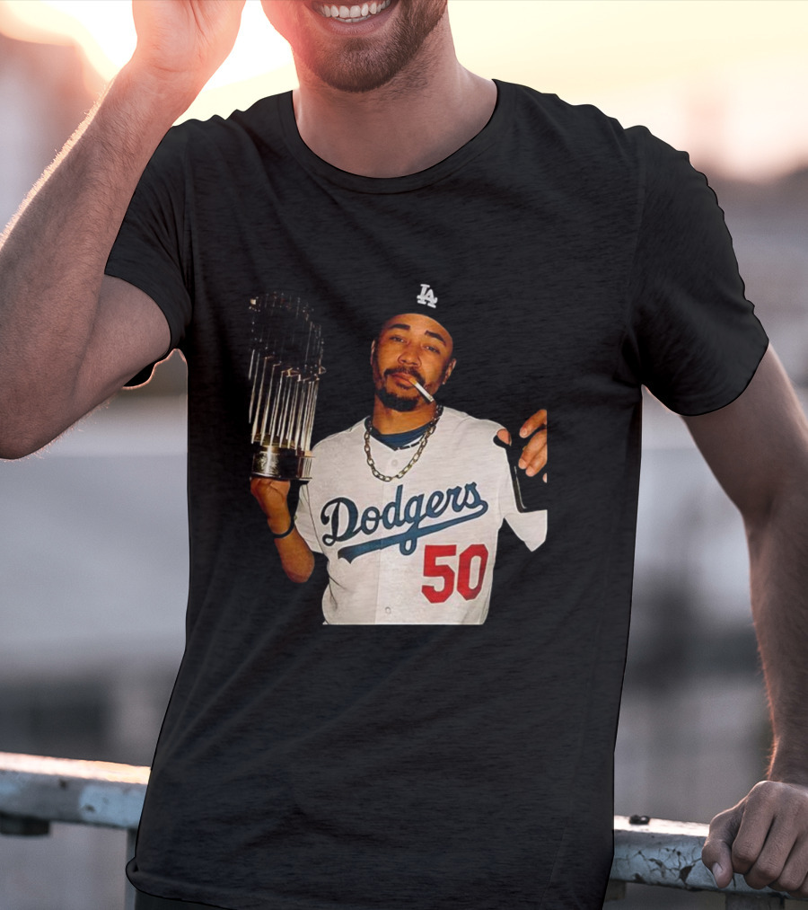 Mookie Betts Dodgers 2025 World Series Champions Celebration Smoking Topps T-Shirt
