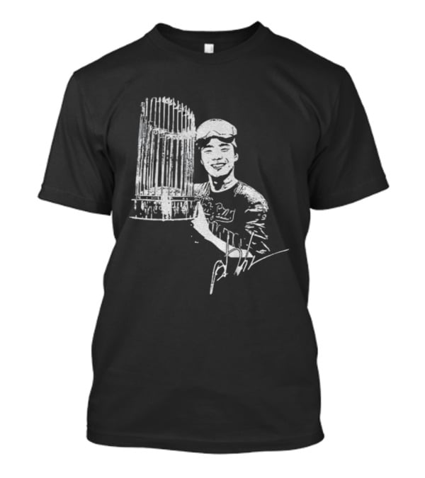 Yoshinobu Yamamoto MLB Champions Celebration Los Angeles Dodgers Cup Holding Player Signature T-Shirt