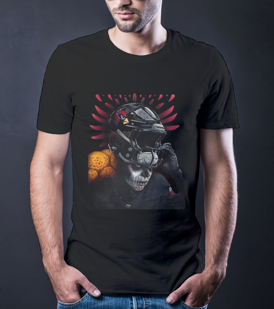 Arizona Cardinals Día De Muertos Football Helmet Skull Design T-Shirt