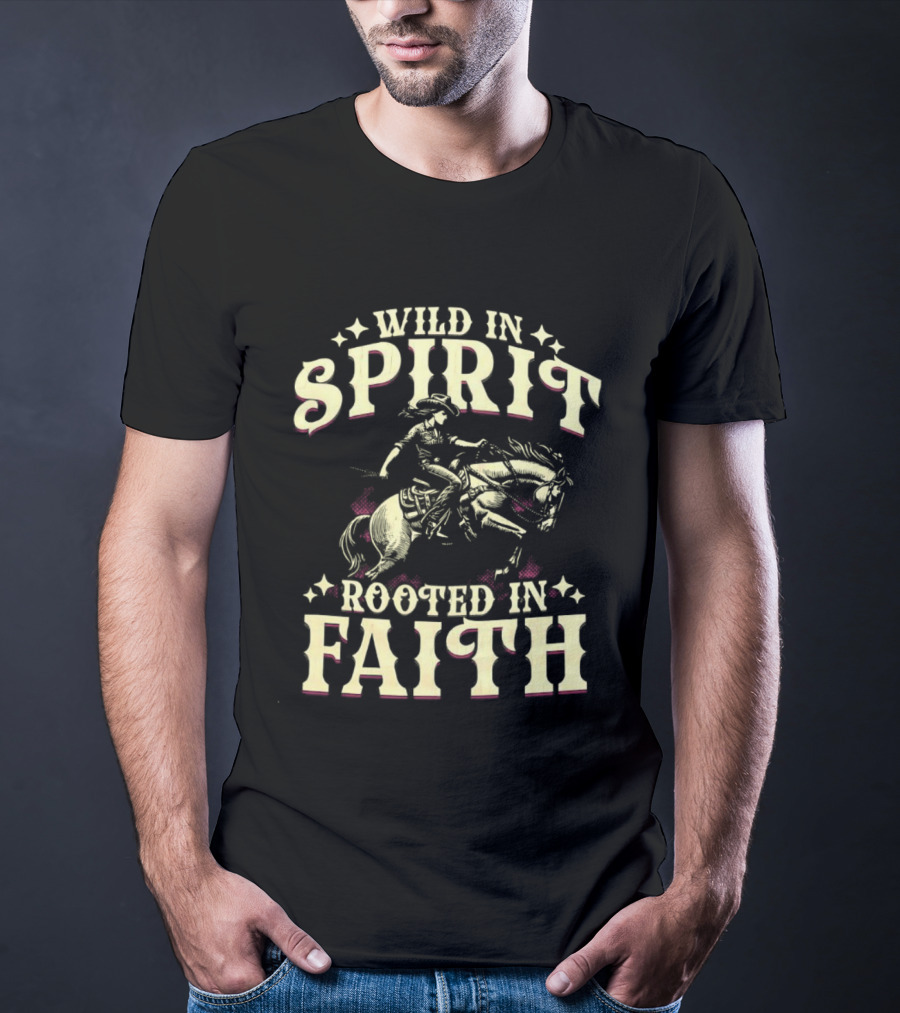 Cowgirl Wild In Spirit Rooted In Faith Equestrian Rider With Horse Western Theme T-Shirt
