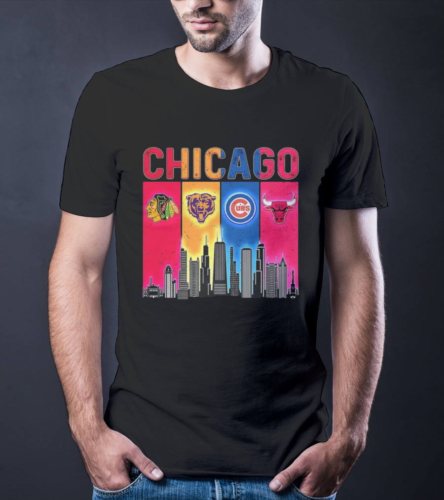 Chicago Blackhawks Bears Cubs Bulls Skyline T-Shirt