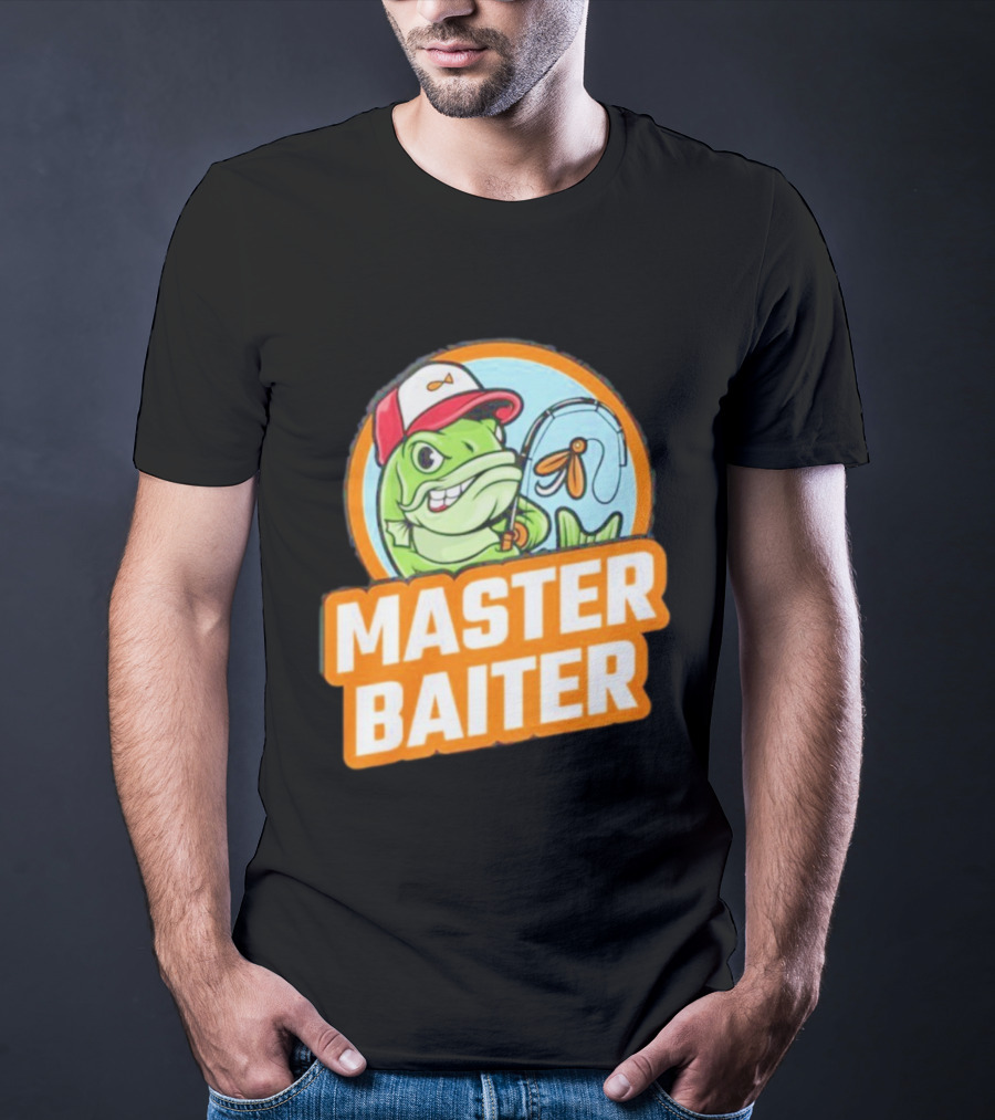 Master Baiter Fishing Cartoon Fish With Red Cap And Fishing Rod T-Shirt
